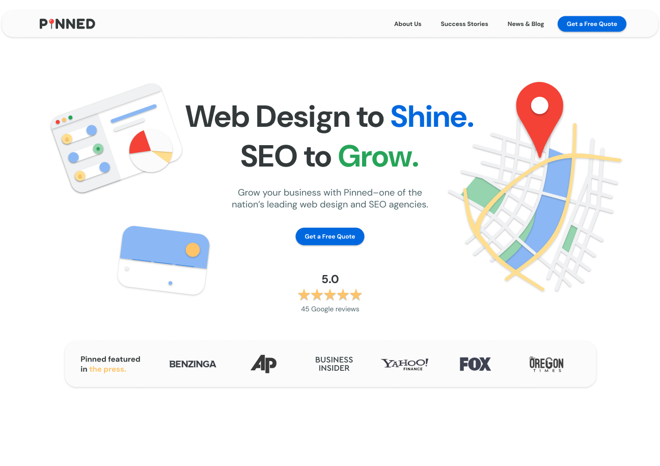 Pinned Agency website design showing homepage hero, navigation and feature layout